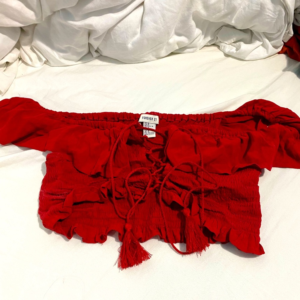 Bright red off the shoulder corset front crop top with tassels